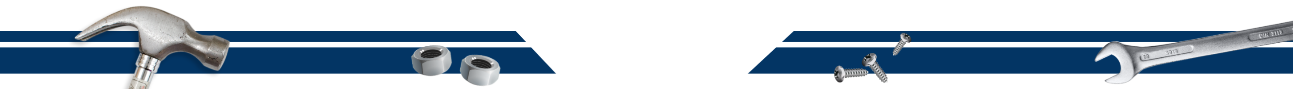 Decorative banner with thick dark blue lines and tools, bolts and srews scattered on the lines