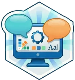 Hexagonal sticker like badge featuring a computer screen showing branding elements and two speech bubbles