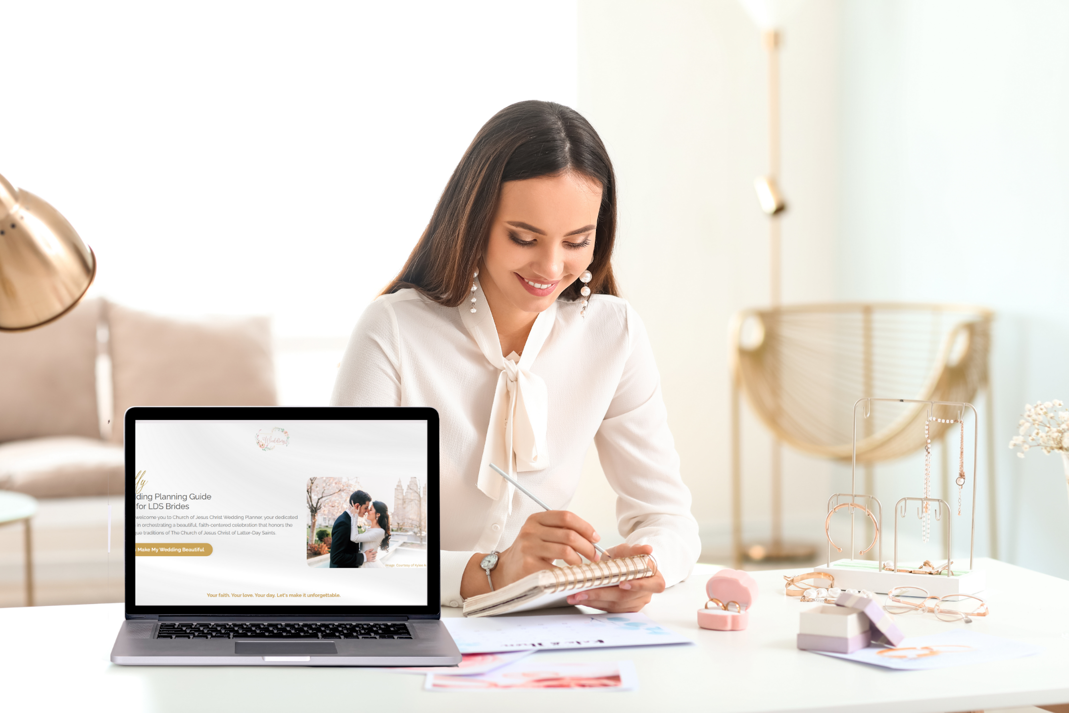 LDS bride planning her temple wedding using online wedding planning apps and checklist tools.