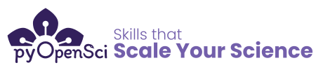 The pyOpenSci logo whcih is a dark purple flower. Next to it reads Skills that scale your science. Logo