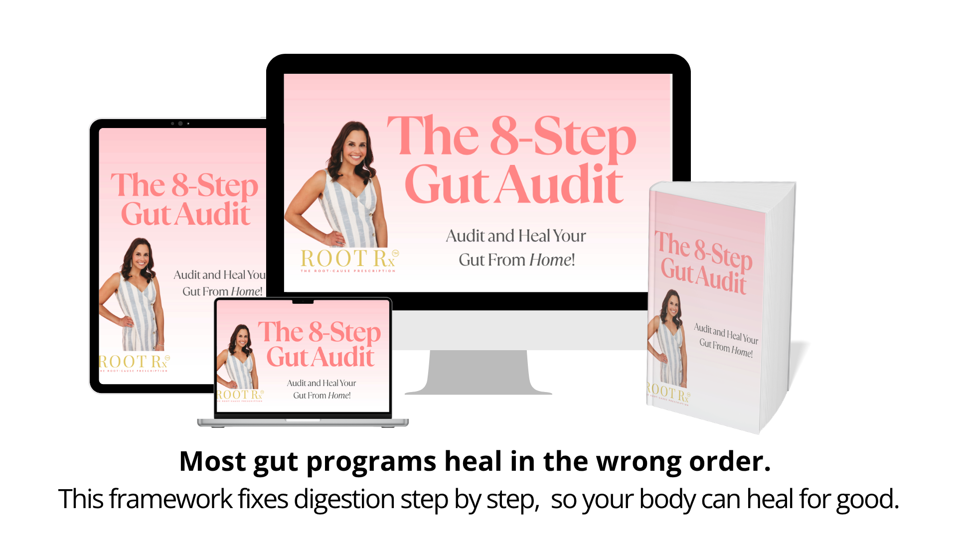 ROOT Rx 8-Step Gut Audit system shown on multiple devices, guiding women through a step-by-step functional medicine approach to heal gut health, reduce bloating, improve digestion, and support weight loss and hormone health