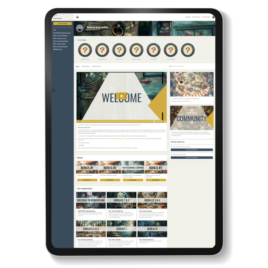 A tablet showing the dashboard for access unlocked course.