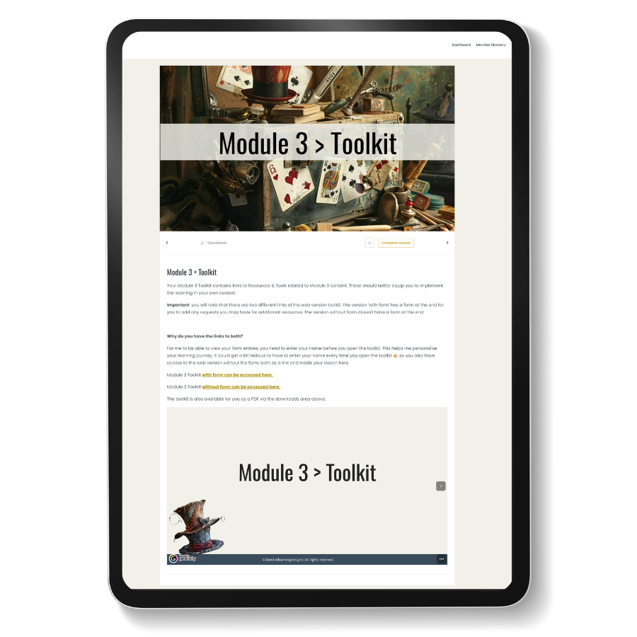 A tablet showing the module 3 toolkit for access unlocked course.