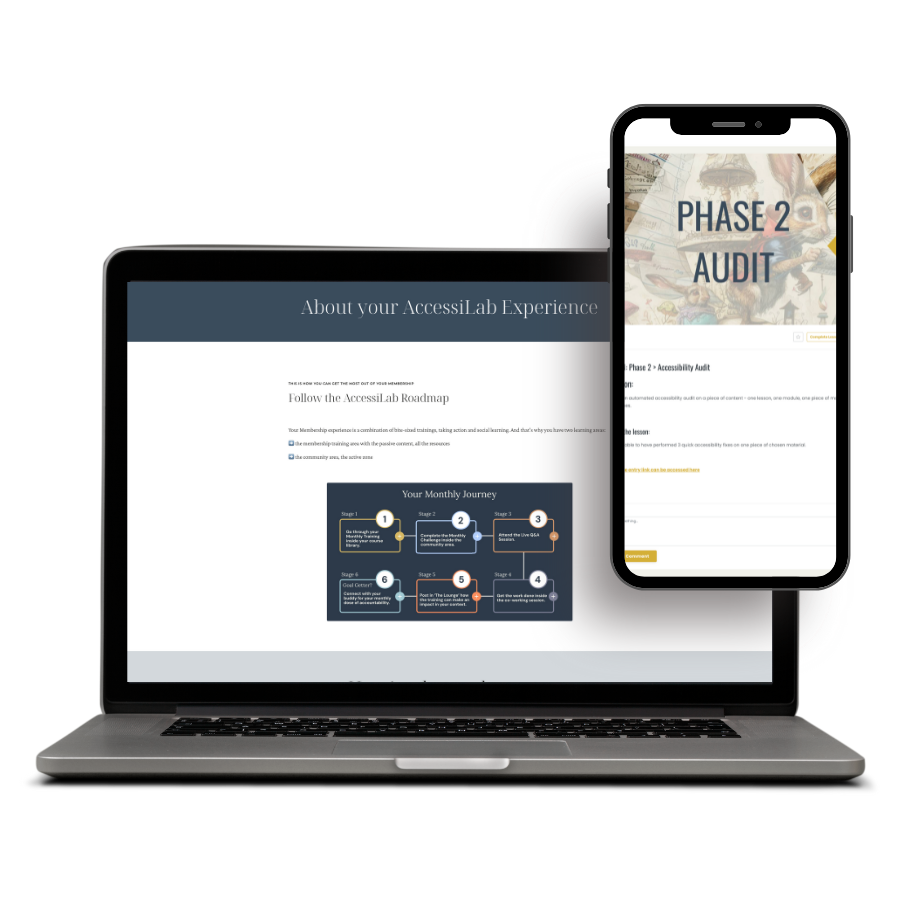 A laptop showing a monthly roadmap inside accessilab community and a phone showing phase 2 audit inside access unlocked course.