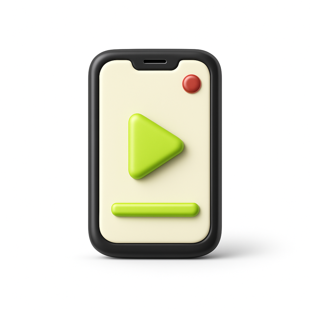 Icône 3D d’un smartphone avec bouton Play, symbolisant la création de contenu vidéo