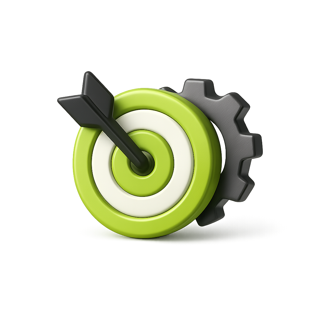 Icône 3D d’une cible et engrenage, représentant la stratégie et l’organisation