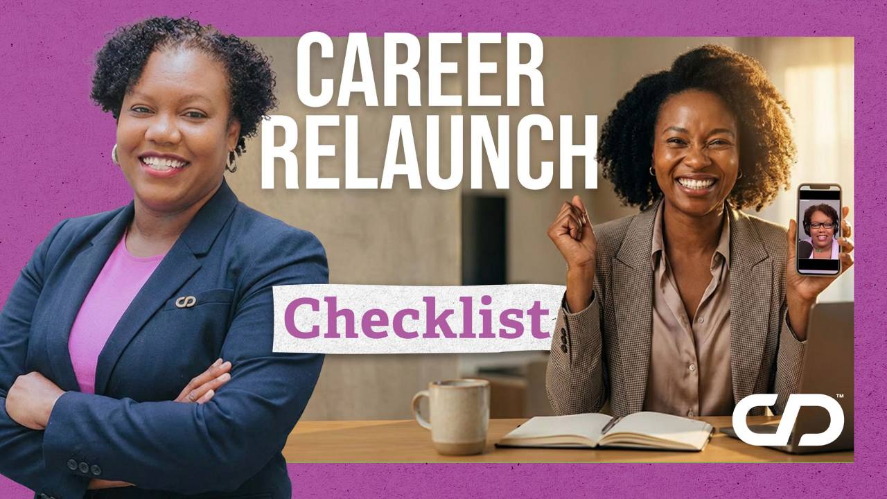 Coach Dora Mendez holding a clipboard and a pen, checking off your career relaunch checklist. In the background is a rocket forming a jet stream shaped like a checklist.