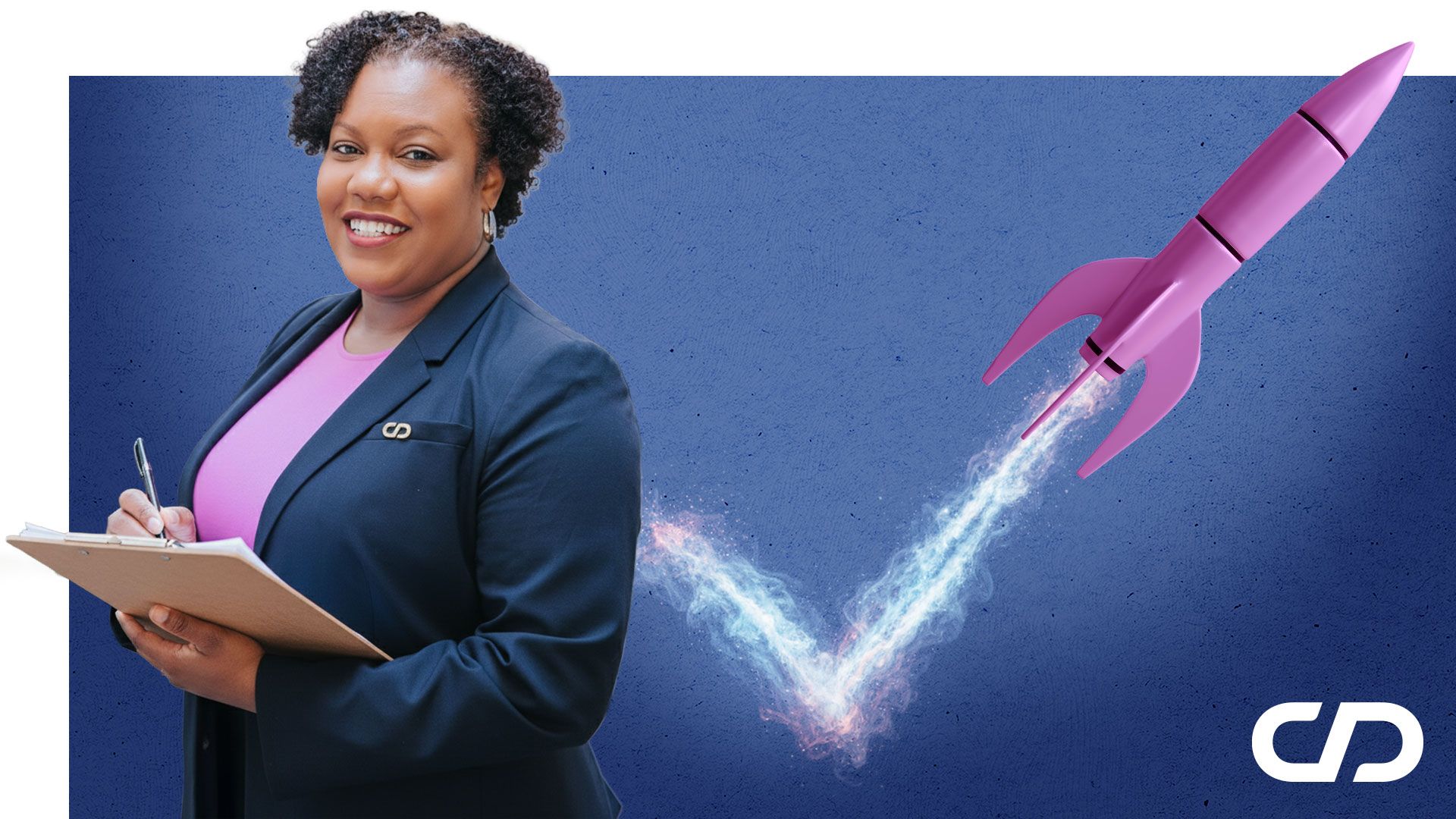 Coach Dora Mendez holding a clipboard and a pen, checking off your career relaunch checklist. In the background is a rocket forming a jet stream shaped like a checklist.