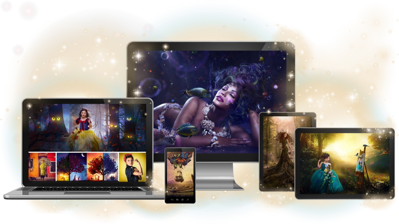 Collage of laptop, desktop and tablet computer showing fantasy composite images