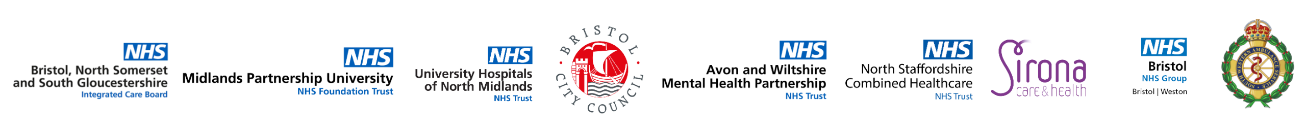 Proudly working with partner organisations including Sirona Care & Health, UHNM, Gloucestershire Hospitals, Bristol City Council, and BNSSG ICB.