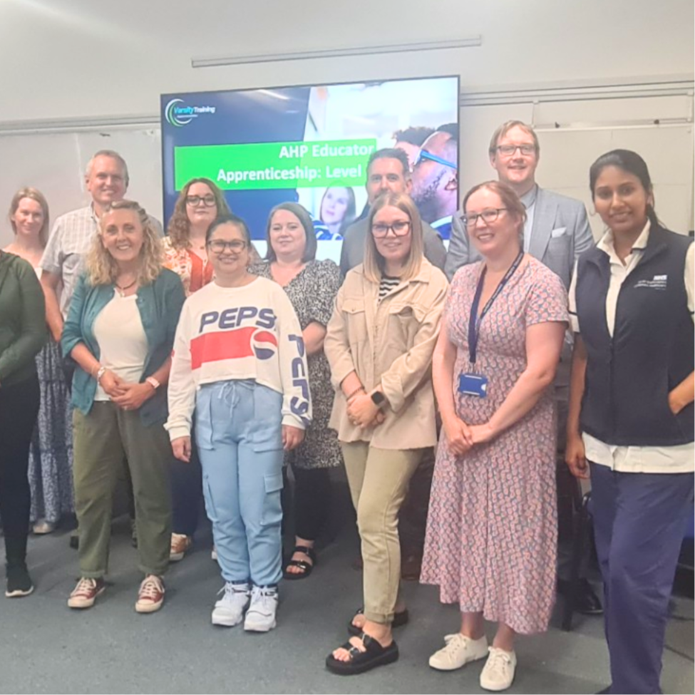 Group of NHS educator apprentices and Varsity Training staff at the AHP Educator Apprenticeship Level 5 workshop