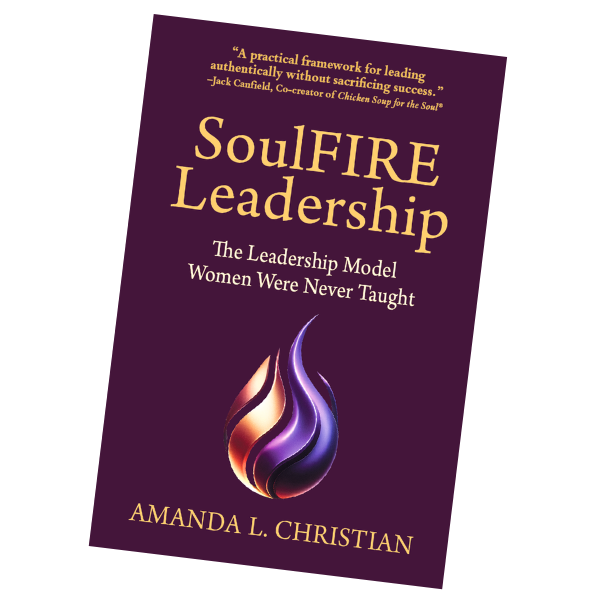 SoulFIRE Leadership book cover by Amanda L. Christian — deep plum background with gold title typography and a dual flame logo in purple and gold — leadership book for high-achieving women in male dominated work places