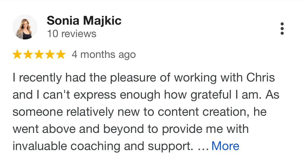 Sonia Majkic praises Chris Schwager’s video coaching and ongoing support for new content creators