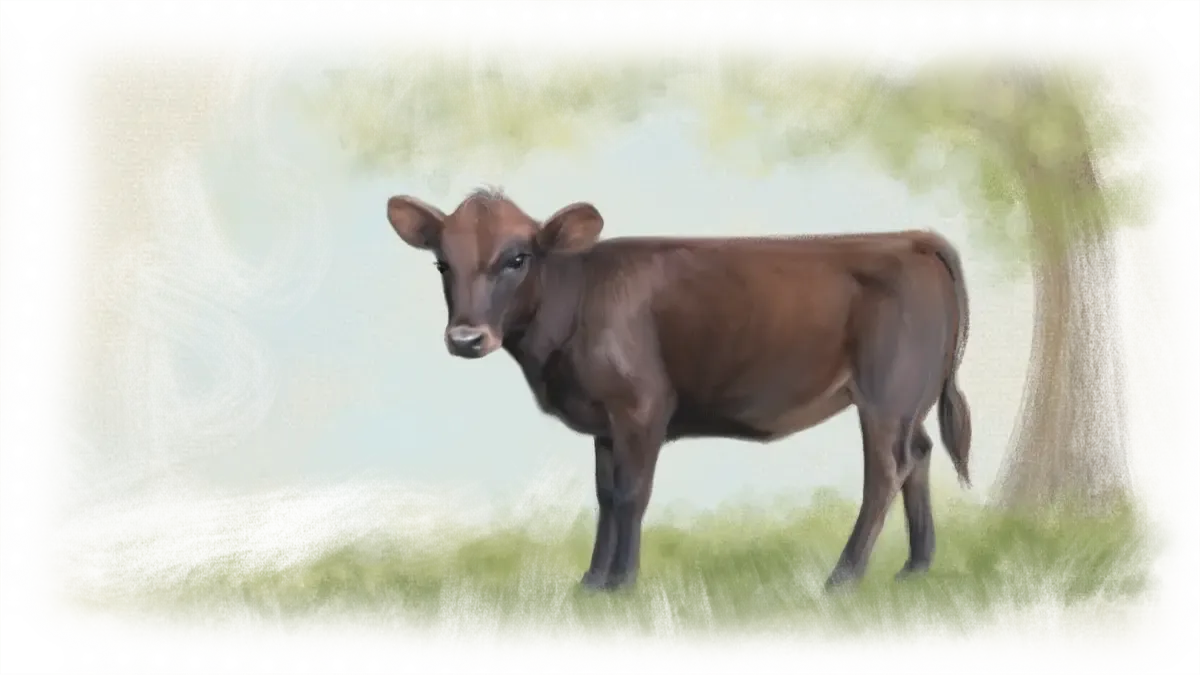 Young Dexter heifer Hazel showing her deep wild-type red coat as she matures, standing under a shaded tree in the meadow. Illustration from Musings from the Meadow.