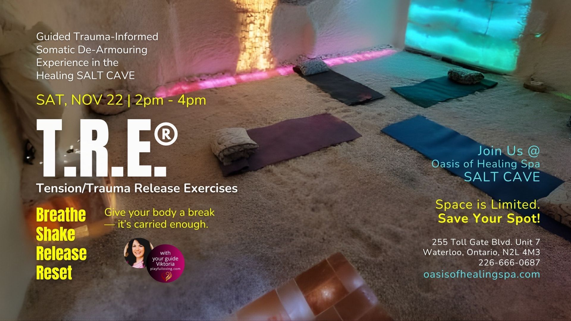 T.R.E. = Monthly  Release stress and emotional blocks with Tension & Trauma Releasing Exercises