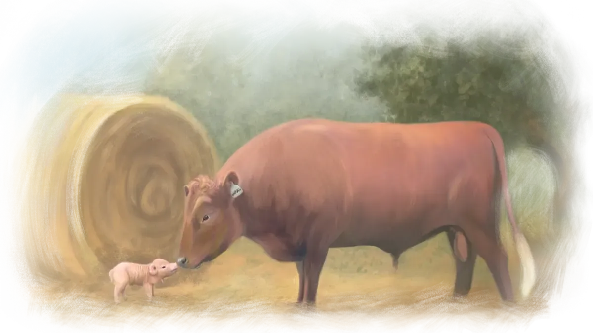 Marvel the Dexter bull lowers his nose to greet a curious piglet beside a golden hay bale on a soft autumn morning.”