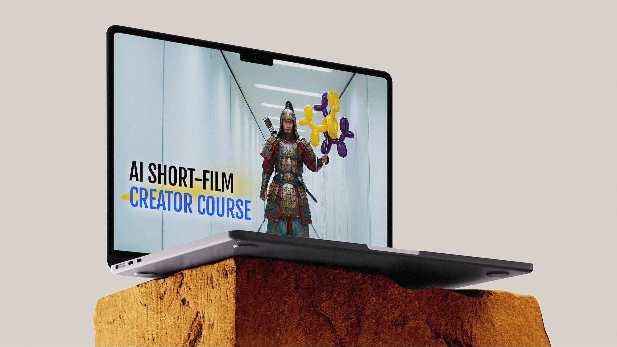 AI short film course cover — cinematic laptop mockup with samurai character and balloon art