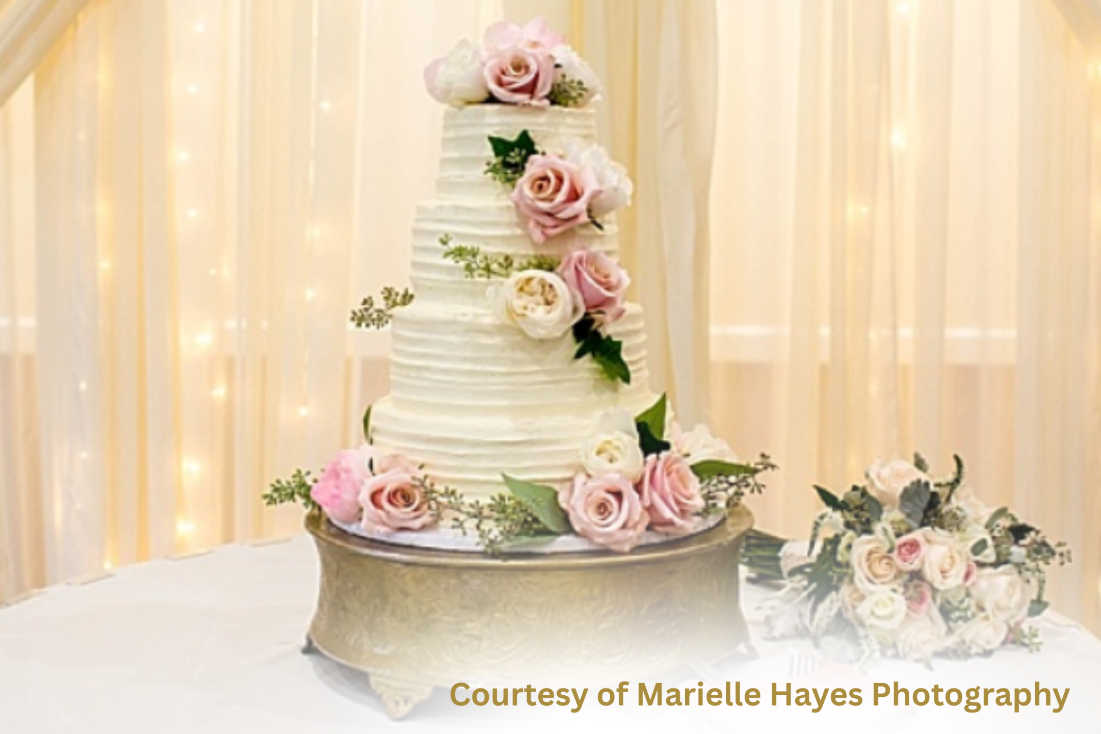 Elegant LDS wedding cake decorated with blush pink and ivory roses on a gold stand, symbolizing faith, love, and eternal marriage — perfect inspiration for a temple reception centerpiece.