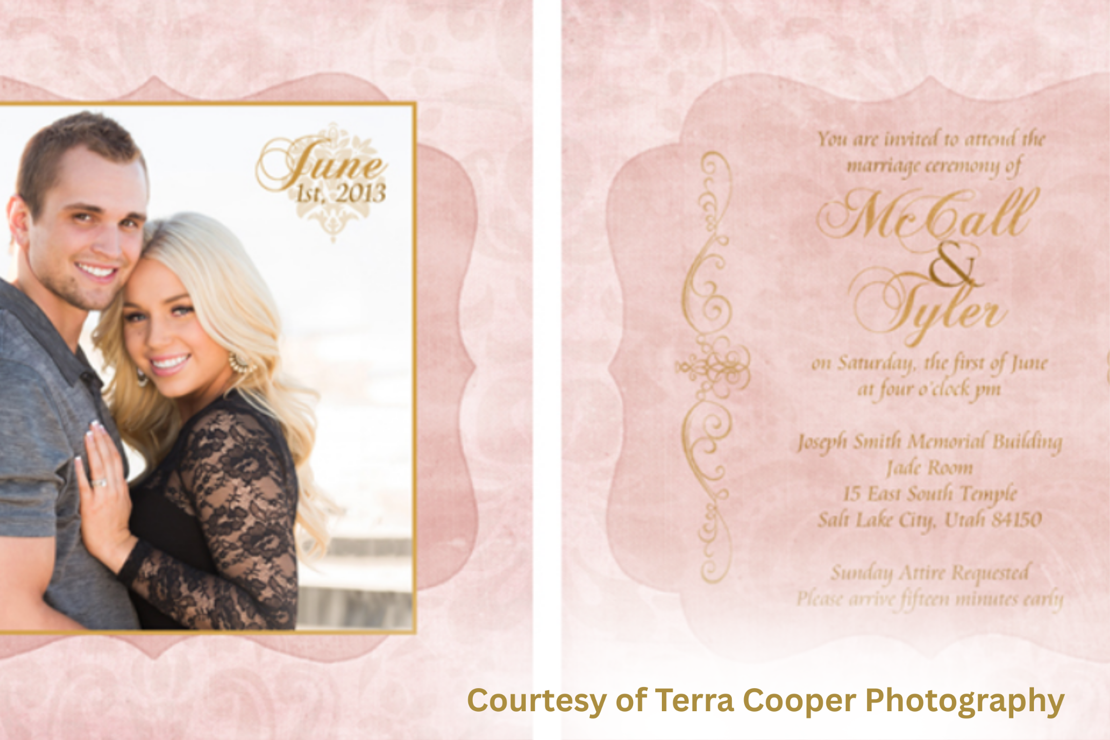 Elegant pink and gold LDS wedding invitation with bride and groom photo and temple ceremony details, symbolizing faith-filled design and personalized Latter-day Saint wedding stationery.