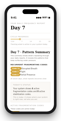 IQF Pattern Tracking landing page featuring the headline “Track Your Patterns In 30 Days,” a mobile preview of a daily frequency report, and a call-to-action button for Level One Somatic Tracking.
