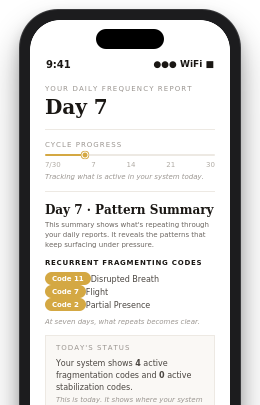 IQF Pattern Tracking landing page featuring the headline “Track Your Patterns In 30 Days,” a mobile preview of a daily frequency report, and a call-to-action button for Level One Somatic Tracking.
