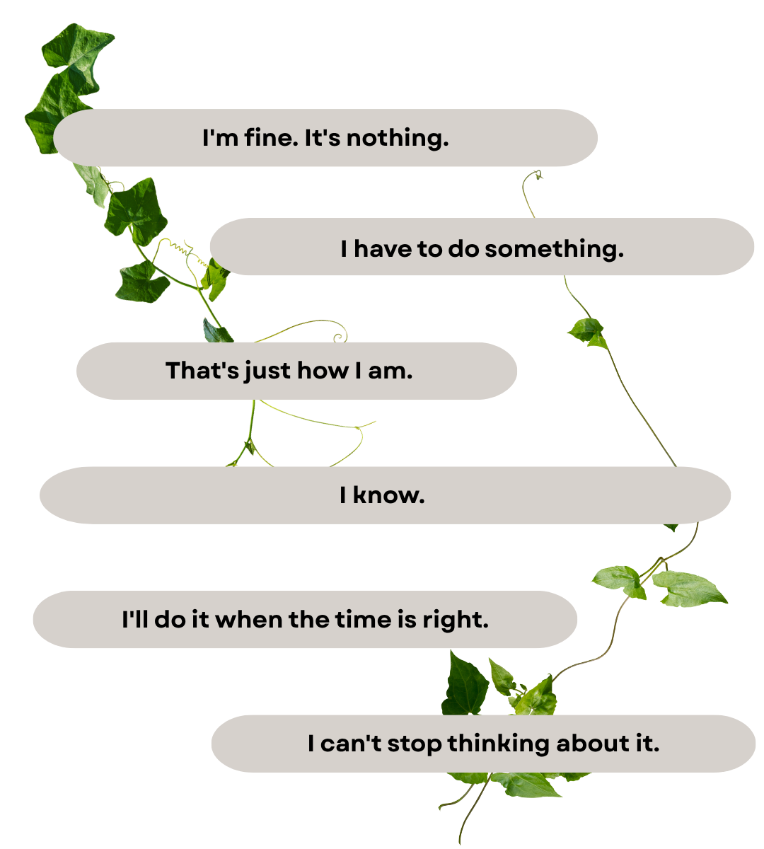List of reflective pattern voices exploring repetition, self-override, disconnection, pressure, reactivity, and emotional capacity within the IQF system.