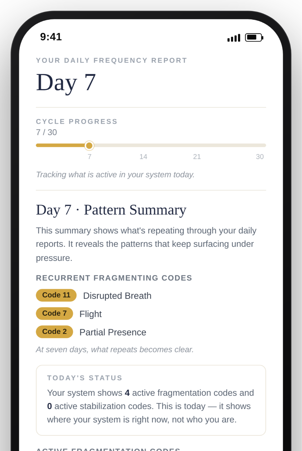 IQF Pattern Tracking landing page featuring the headline “Track Your Patterns In 30 Days,” a mobile preview of a daily frequency report, and a call-to-action button for Level One Somatic Tracking.
