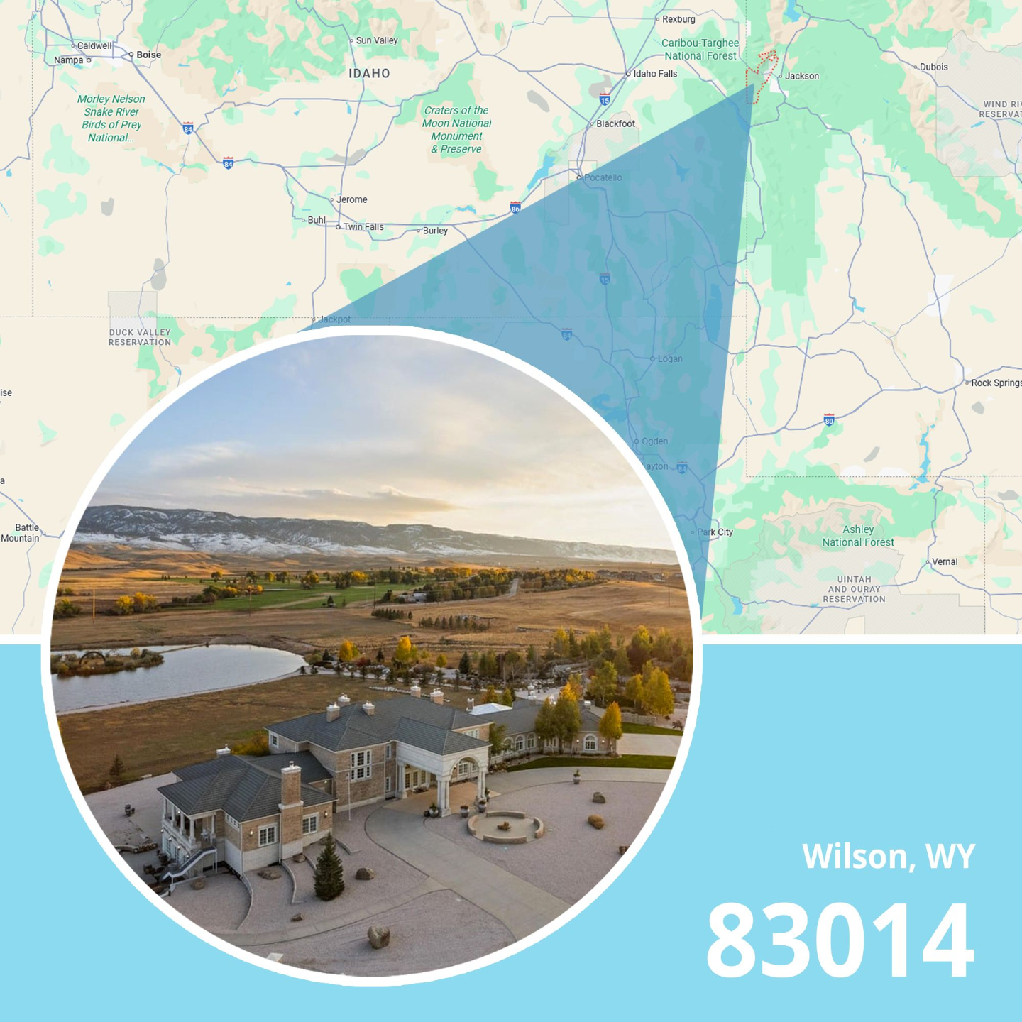 Map of ZIP code 83014 Wilson, Wyoming showing area served by licensed life insurance agent.