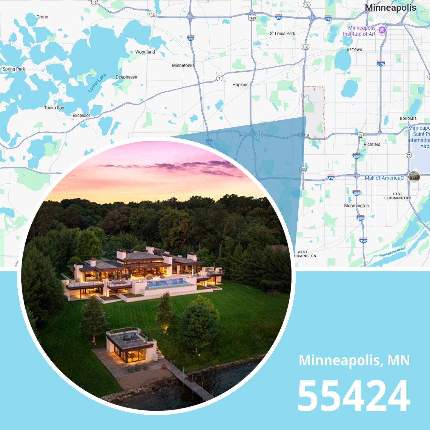 Map of ZIP code 55424 Minneapolis, Minnesota showing area served by licensed life insurance agent.