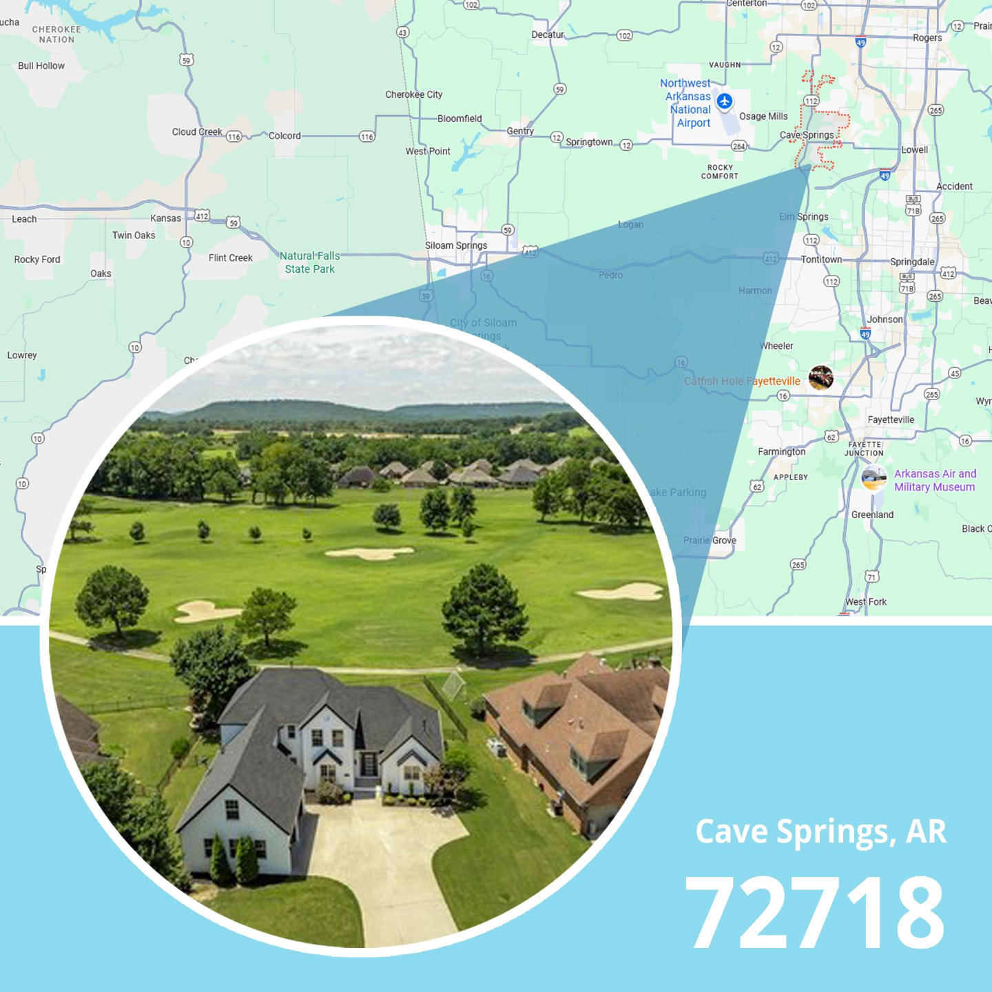 Map of ZIP code 72718 Cave Springs, Arkansas showing area served by licensed life insurance agent.