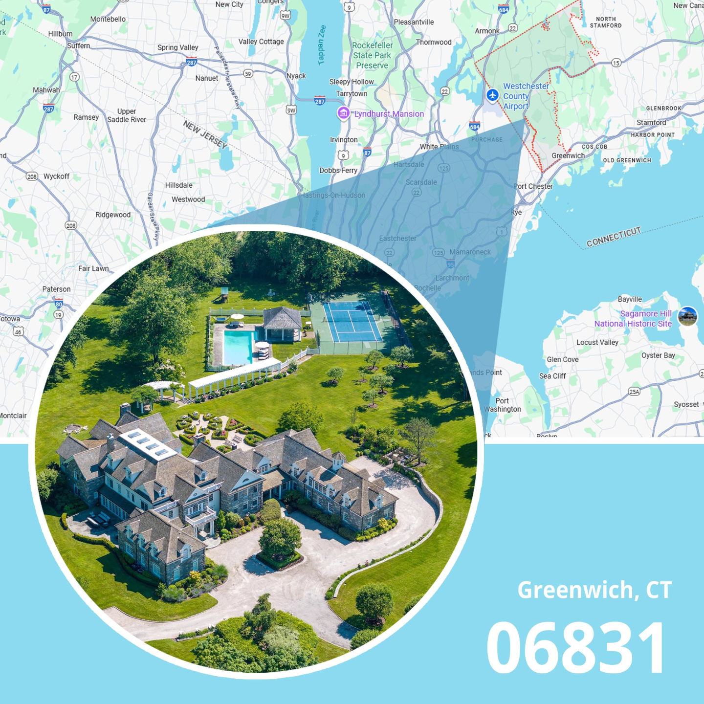 Map of ZIP code 06831 Greenwich, Connecticut showing area served by licensed life insurance agent.