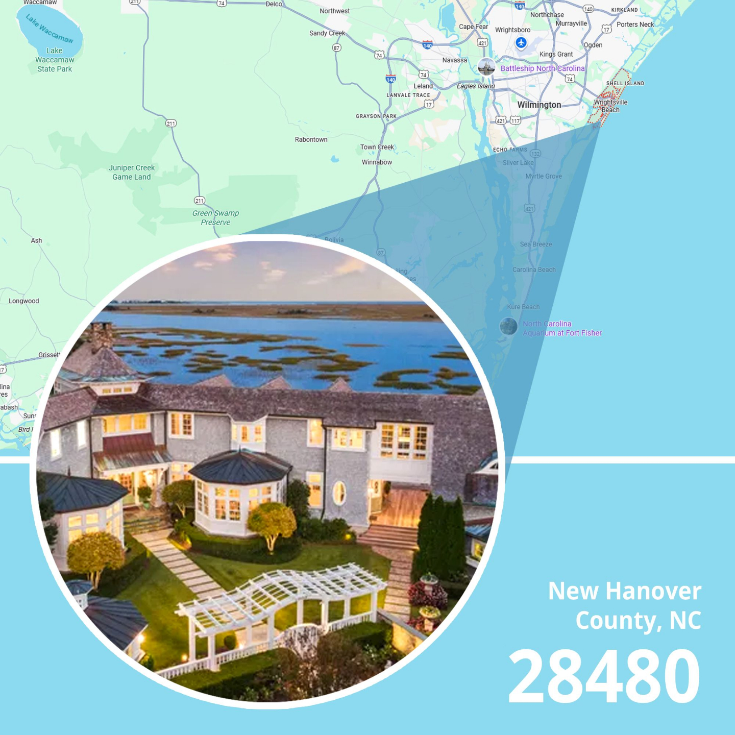 Map of ZIP code 28480 New Hanover County, North Carolina showing area served by licensed life insurance agent.