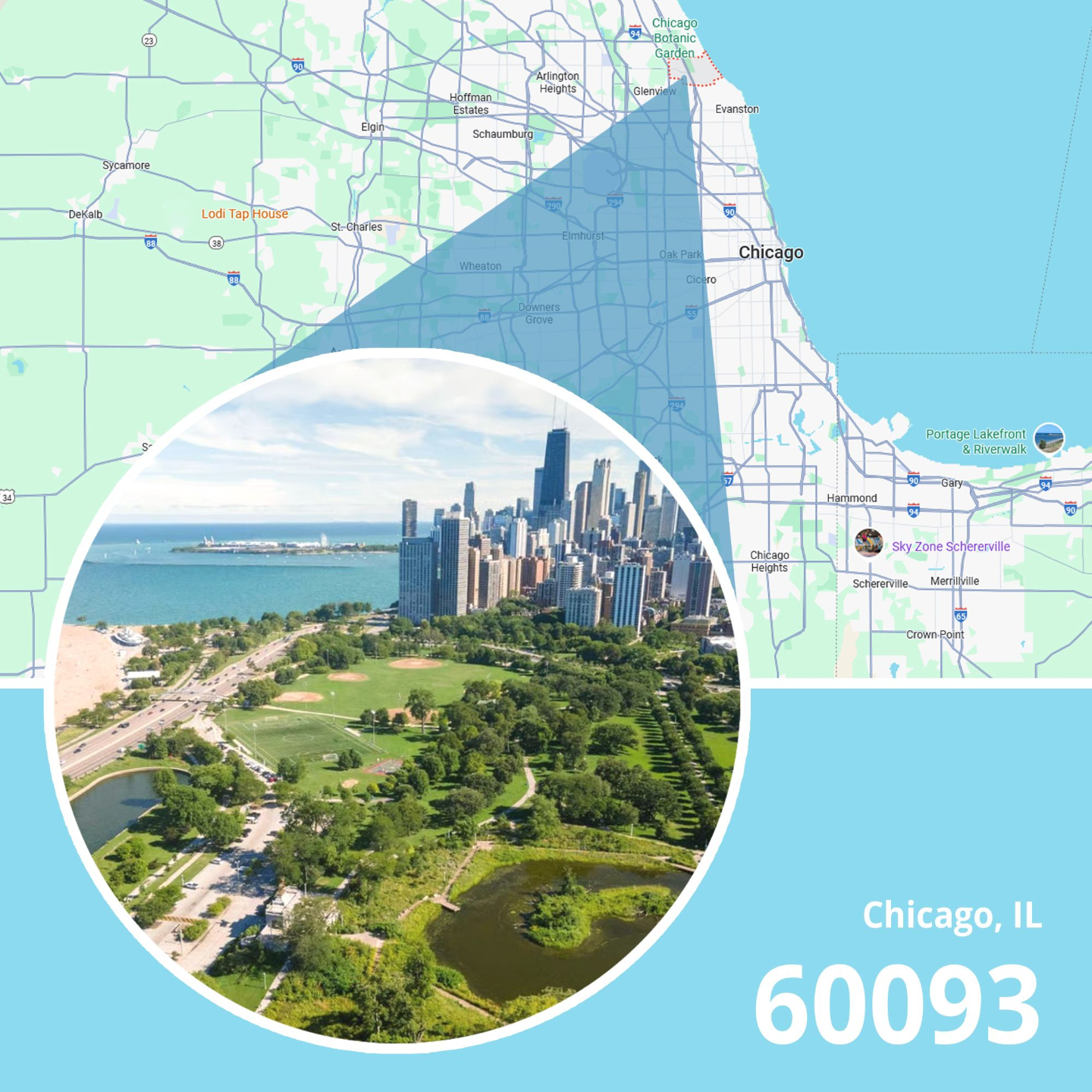 Map of ZIP code 60093 Chicago, Illinois showing area served by licensed life insurance agent.