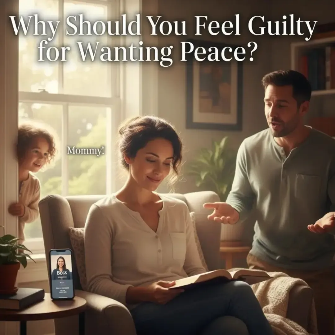 Christian woman sitting with Bible, feeling burdened and distracted, seeking peace and Christian boundaries.
