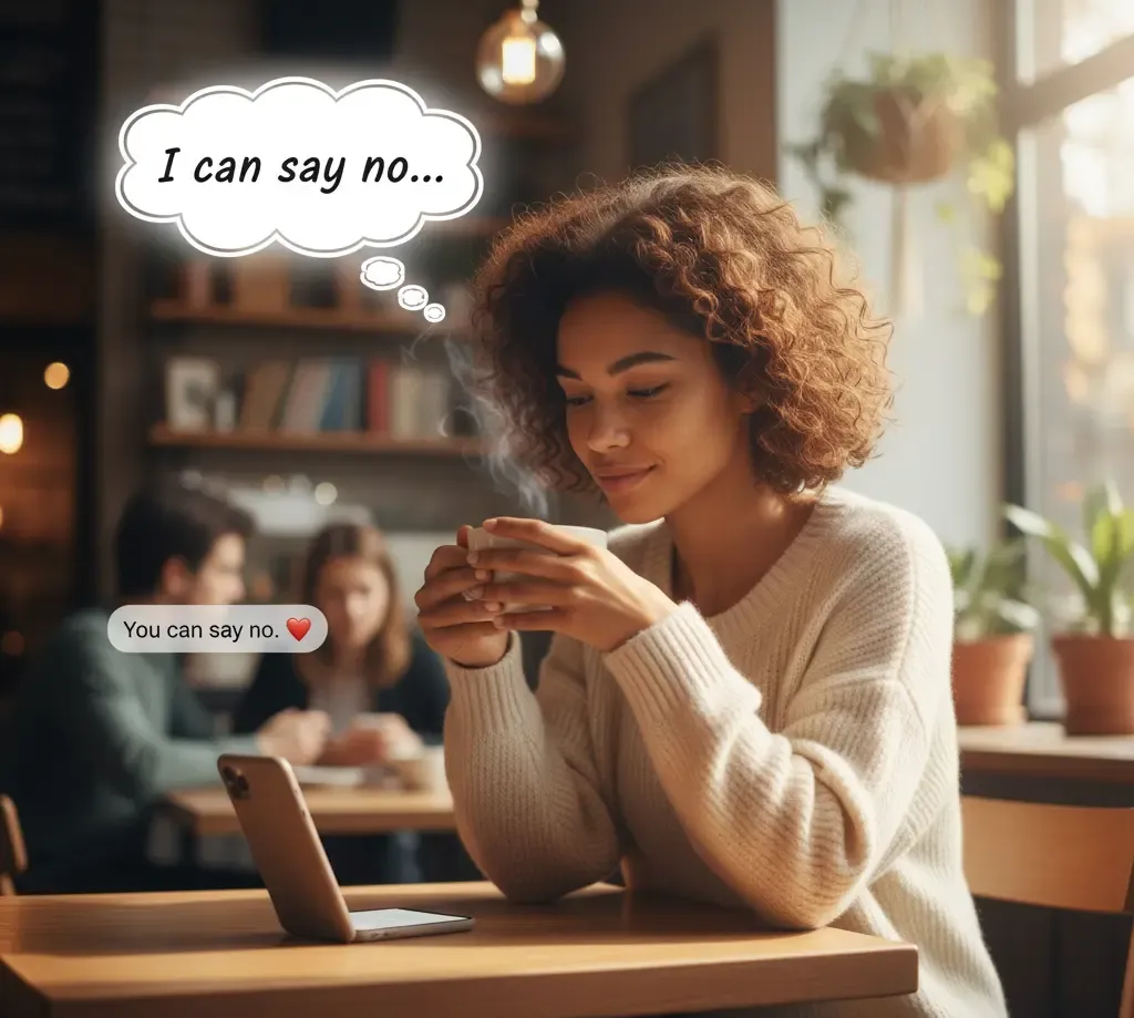 A young Christian woman sits in a cozy café, reflecting on healthy boundaries and the courage to say no, as soft golden light symbolizes peace and spiritual clarity.