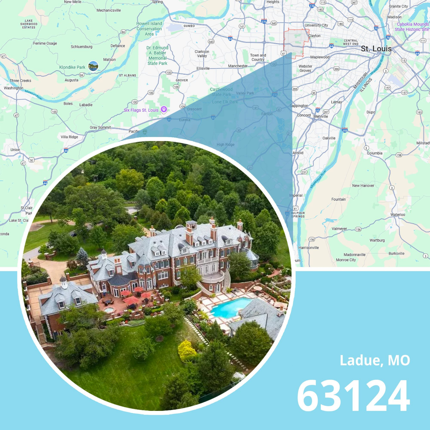 Map of ZIP code 63124 Ladue, Missouri showing area served by licensed life insurance agent.