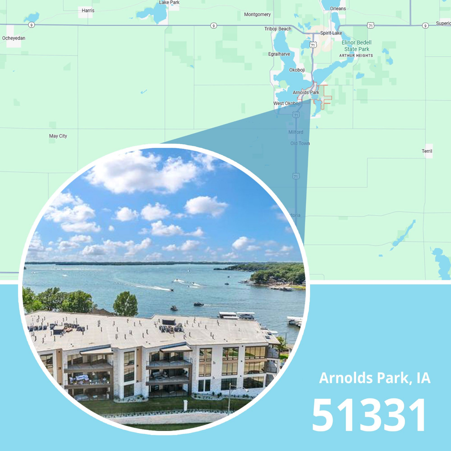Map of ZIP code 51331 Arnolds Park, Iowa showing area served by licensed life insurance agent.