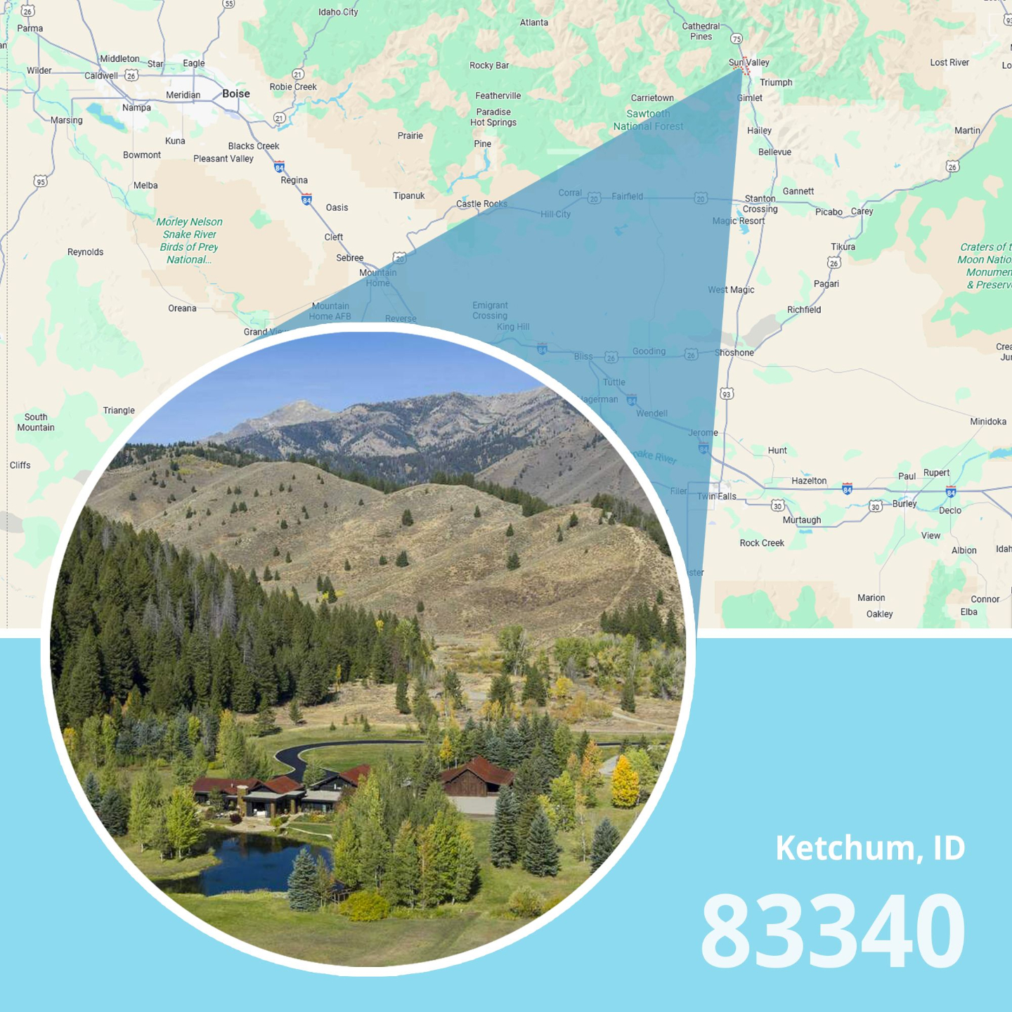 Map of ZIP code 83340 Ketchum, Idaho showing area served by licensed life insurance agent.
