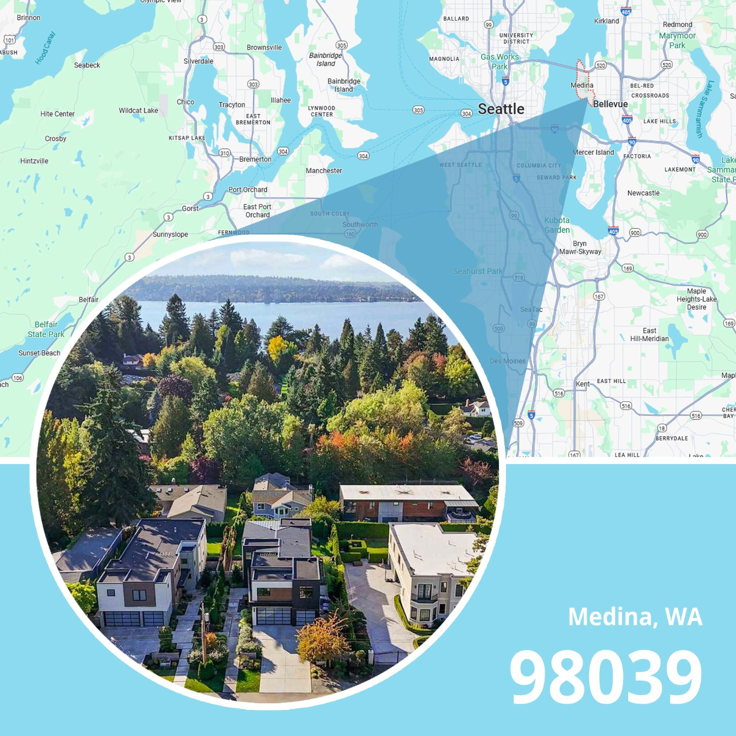 Map of ZIP code 98039 Medina, Washington showing area served by licensed life insurance agent.