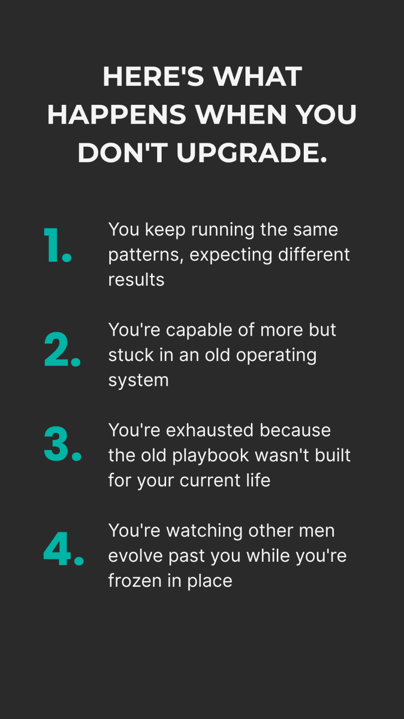 “Clean, minimal design with headline ‘Here’s What Happens When You Don’t Upgrade.’ Four short statements list the consequences of staying stuck in old patterns. White text on dark slate background.”