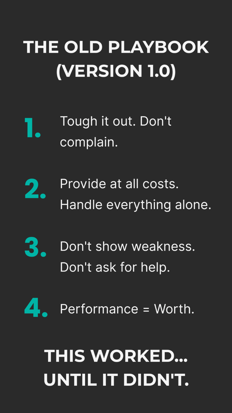 “Dark slate background with bold header ‘The Old Playbook (Version 1.0).’ Four short lines describe outdated masculine programming about toughness, self-reliance, and performance. Modern minimal layout.”