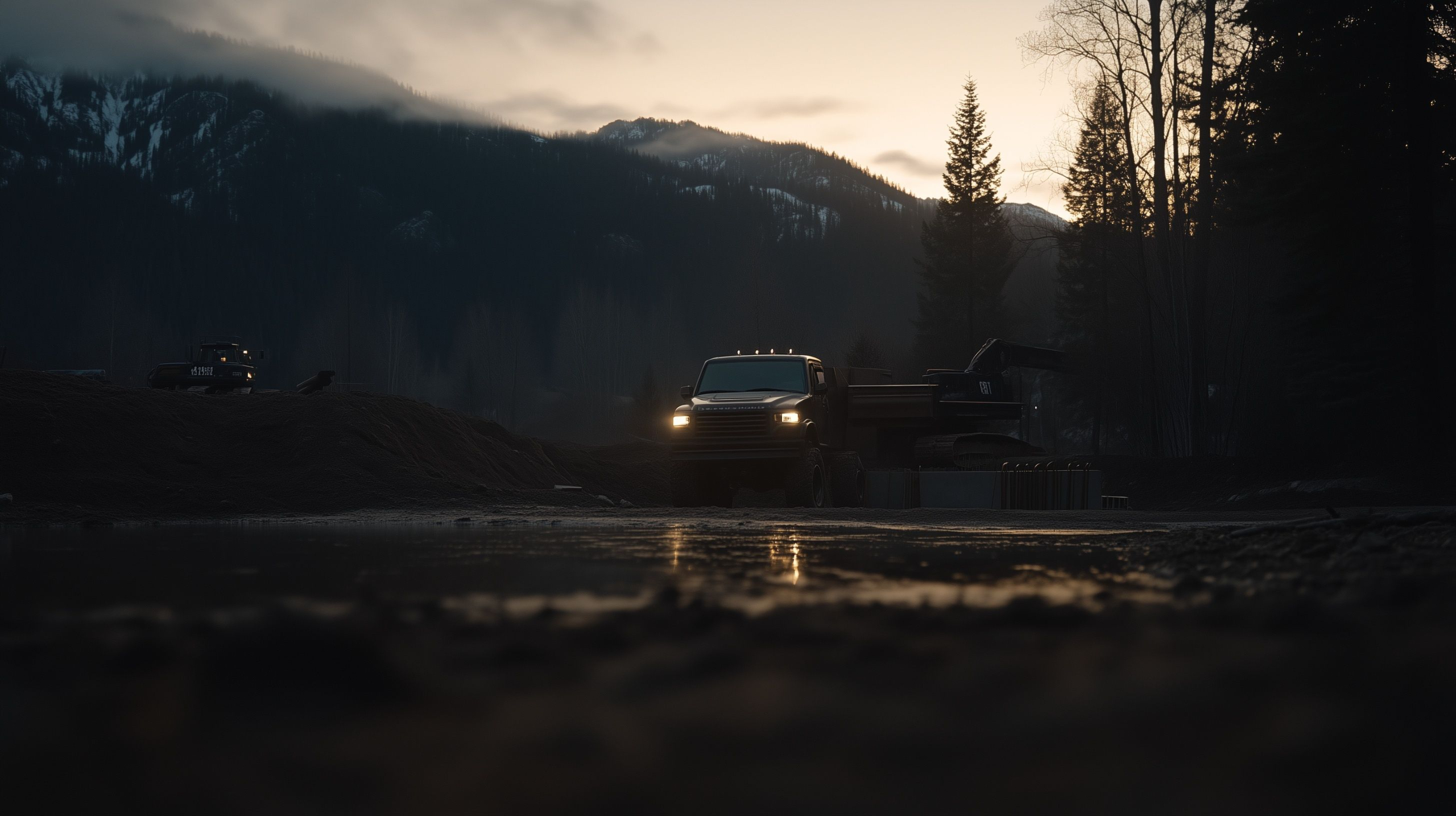 Construction trucks on site at dawn — J316 Foundations concrete project