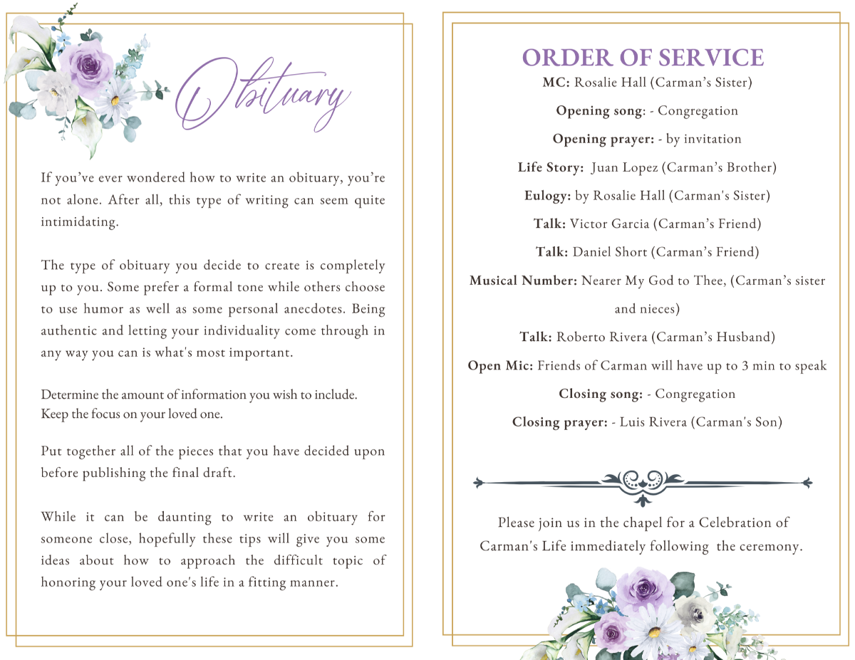 Interior pages featuring obituary and order of service framed by soft lavender blooms.