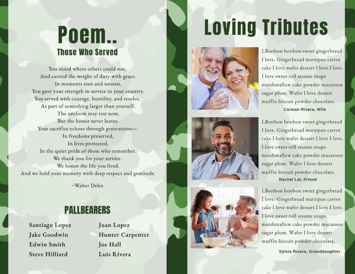 Poem and tribute pages with heartfelt messages and uniform camouflage background.
