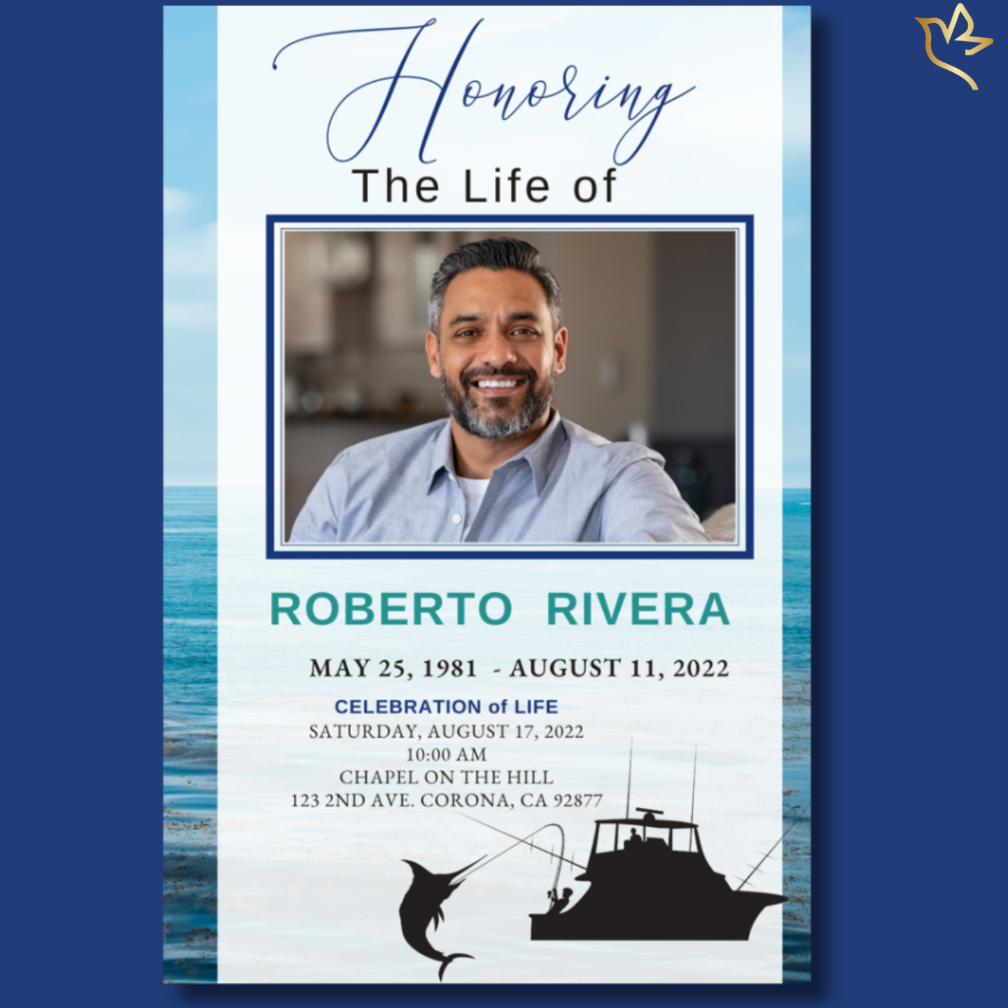 Front cover of Deep Sea Fishing Funeral Program Template featuring smiling man with ocean backdrop and fishing boat silhouette