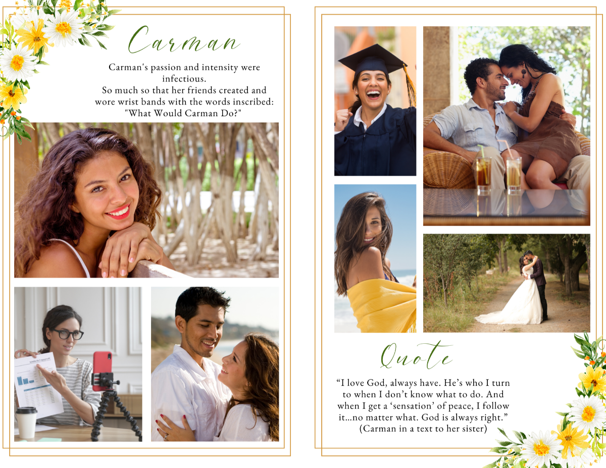 Photo collage and quote layout highlighting family memories with daisy floral border and gentle golden tones.