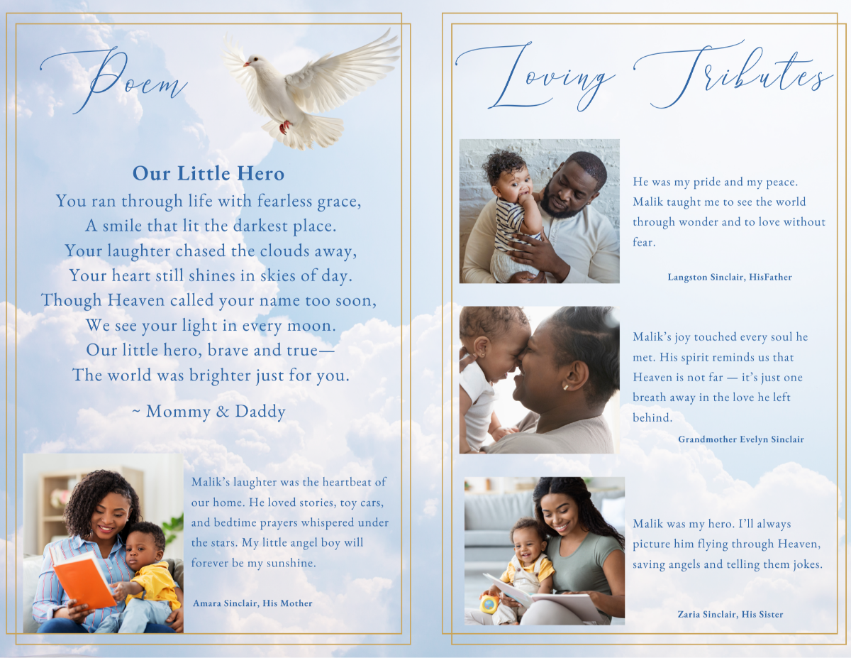 Poem page titled “Our Little Hero” with dove accent and cloud background, next to Loving Tributes section with family photos and heartfelt messages.