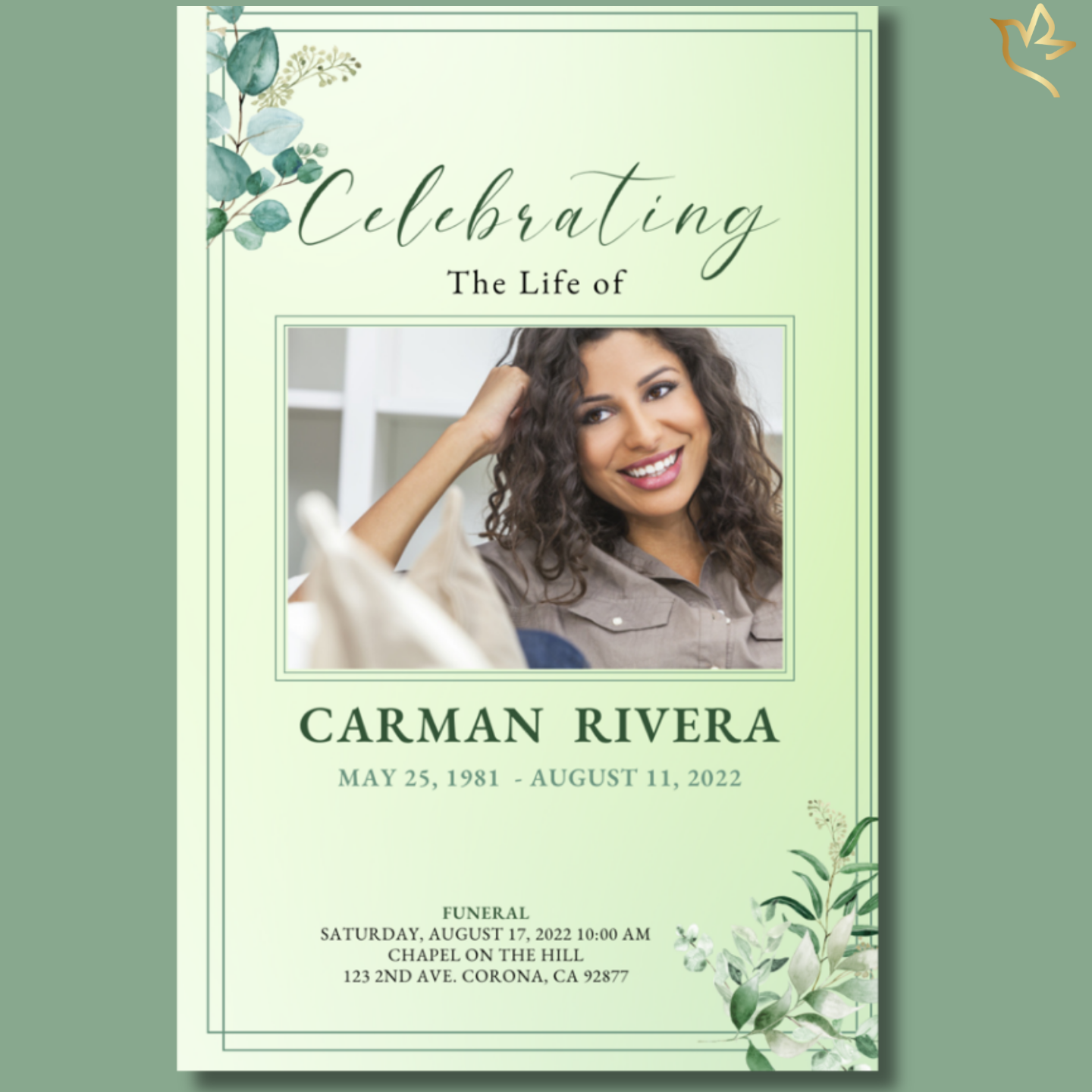 Soft green memorial cover featuring delicate eucalyptus branches, framed portrait, gentle serif title, and a peaceful, nature-inspired layout honoring a loved one with calm and grace.
