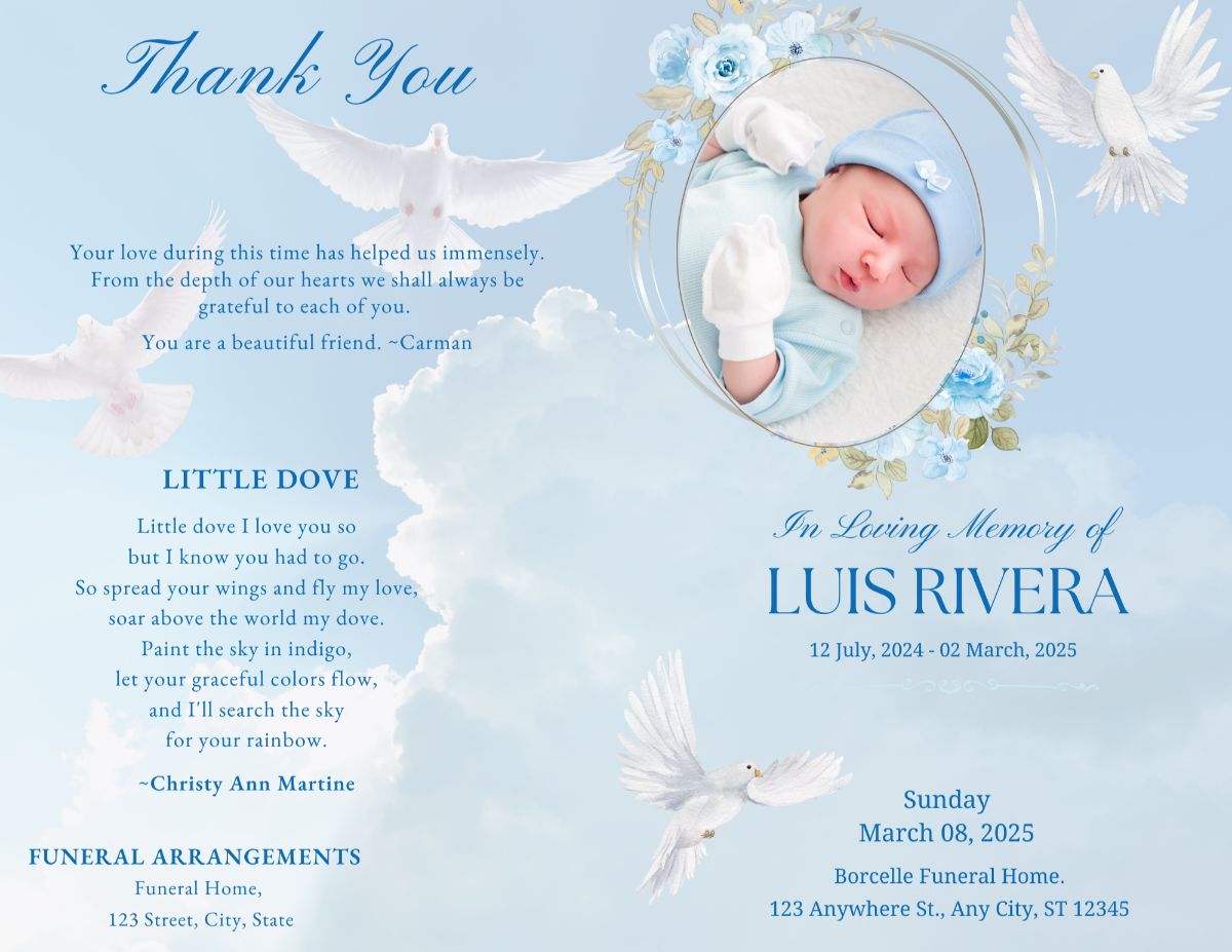 Two-page spread showing cover and thank-you page with soft clouds and gentle blue floral accents.