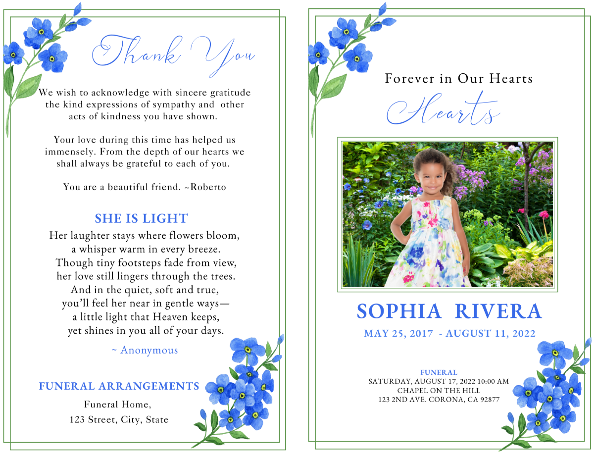Forget Me Nots Child Funeral Program front cover featuring soft watercolor blue flowers and “Celebrating the Life of” title with child’s photo framed in white and green border.